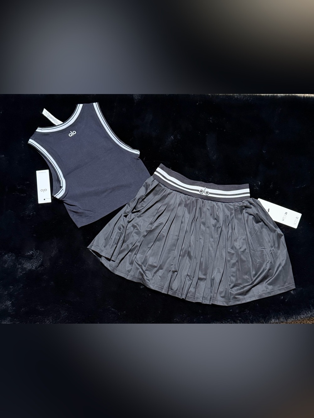ALO Yoga Black Tank Top and Pleated Skort Set